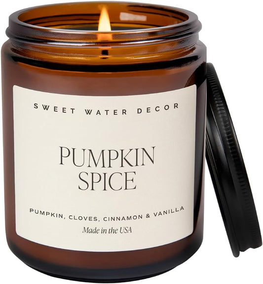 Sweet Water Decor Pumpkin Spice Candle - Fall Candles with Pumpkin, Clover, Cinnamon & Vanilla Scent for Home - Autumn Candle with 40 Hours Burn Time - 9Oz Black Lid Amber Jar Pumpkin Soy Candles