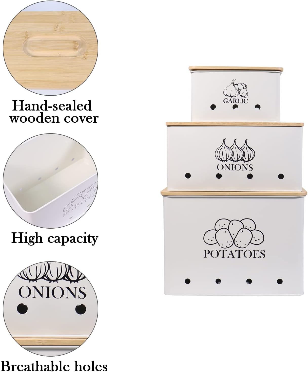 Canister Sets for Kitchen Counter, Kitchen Canisters Set of 3 for Potato Onion Garlic, Kitchen Storage Bin Jars Pots with Aerating Tin Storage Holes & Wooden Lid (White)