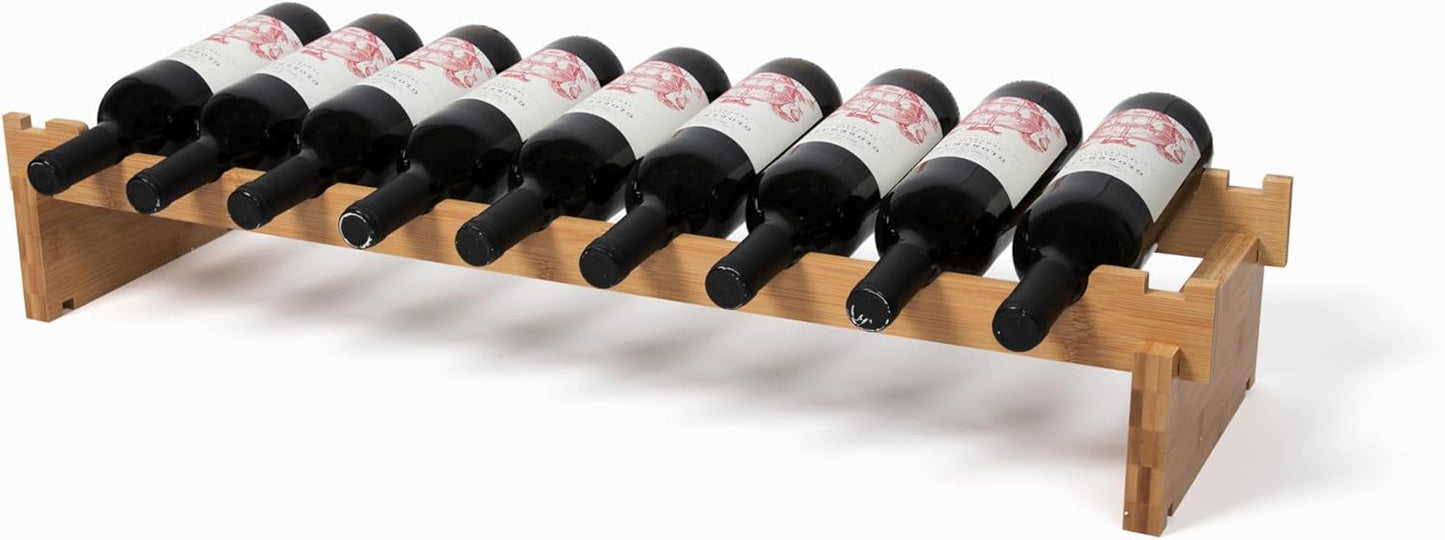 Stackable Bamboo Wine Rack for 72 Bottle, 8-Tier and Sturdy, Free Standing, Modular Wine Storage, Wine Bottle Storage for Cellar, Kitchen and Dining Room (9 Bottle)