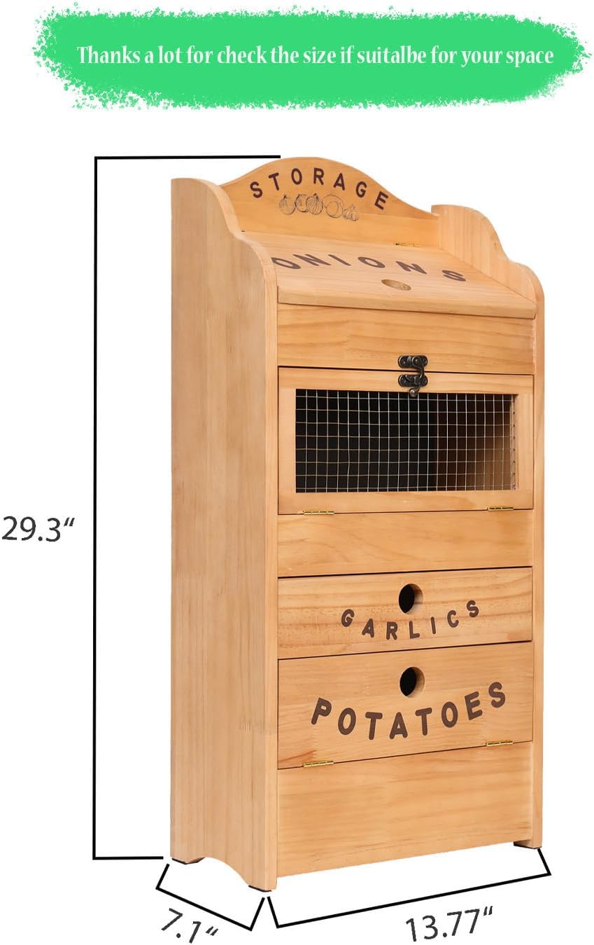 Potato Bin Veggie Organizer Rustic Pine Wood Potato, Onion & Garlic Storage Bin | Kitchen Organizer | Solid Wood Veggie Box | Compact Kitchen Box (13.77" L x 7.1" W x 29.3" H)