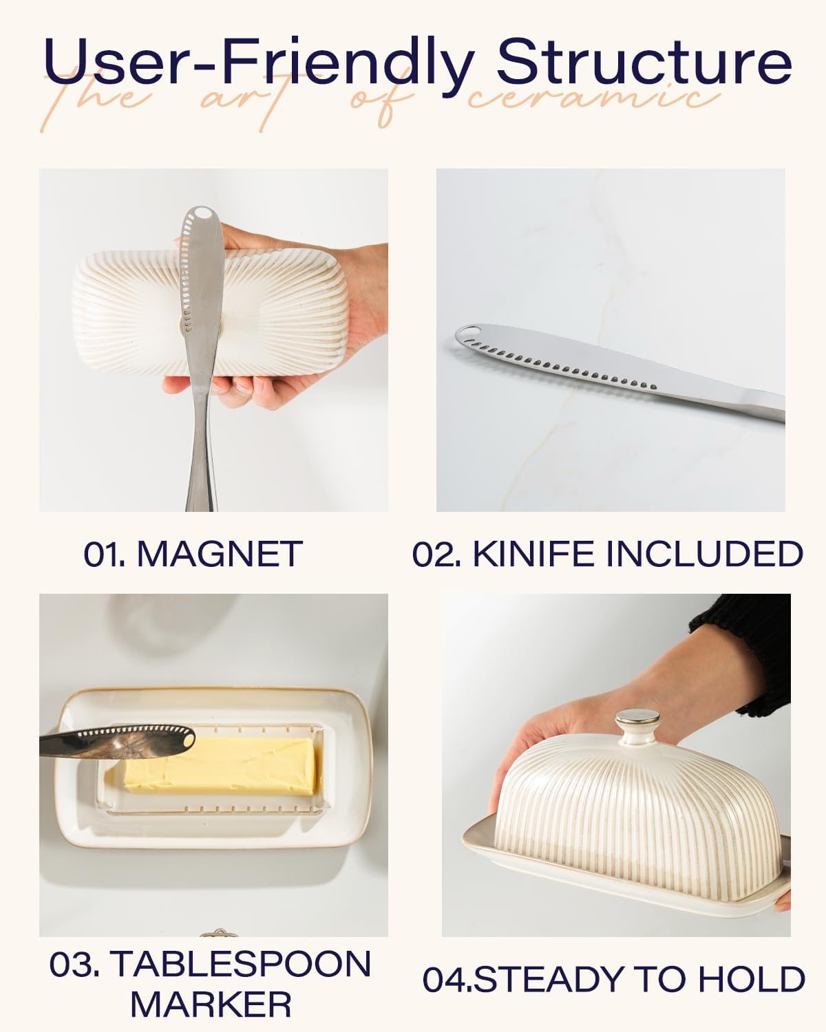 Getstar Ceramic Butter Dish with Lid and Stainless Steel Knife for Countertop, with Magnet to Attract Knife, Fit both West East Coast Butter