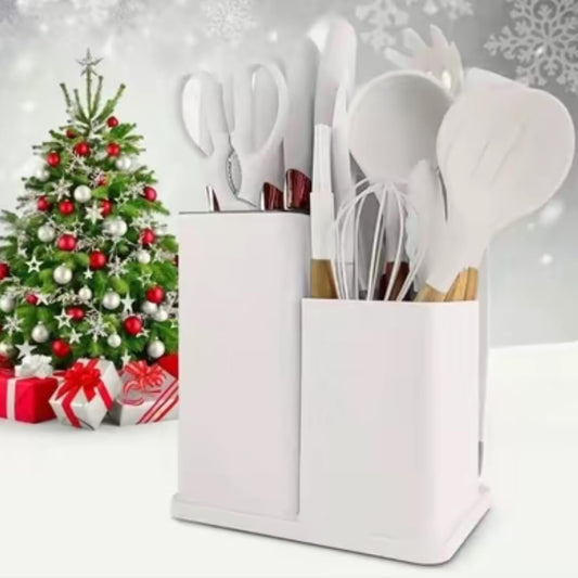 Kitchen Utensil Set with Holder, 19-Piece Silicone Cooking Tools, Wooden Handles, Available in White, Grey, Pink,Black (White)