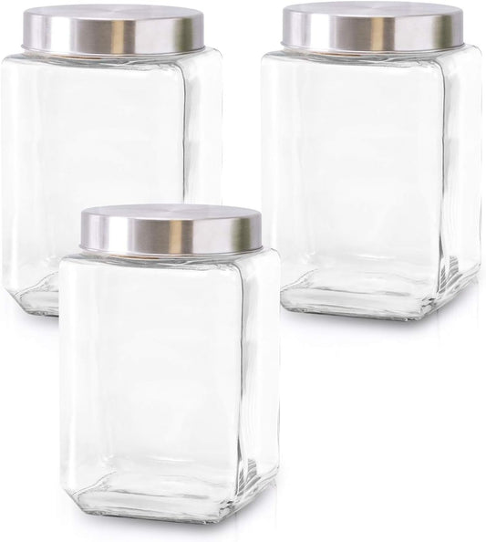 Glass Containers for Kitchen – Set of 3 Food Storage Containers – Storage Jars with Stainless Steel Lids – Suitable for Cookies, Snacks, Coffee – Screw-on Lid – 57oz Capacity