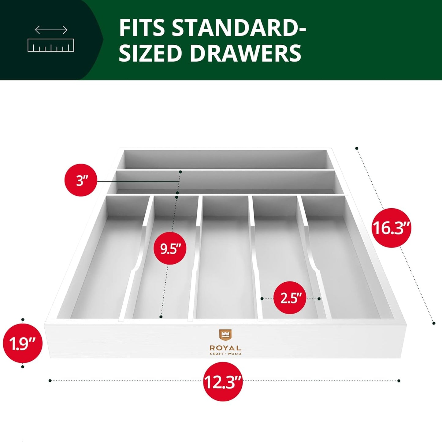 ROYAL CRAFT WOOD Luxury Bamboo Kitchen Drawer Organizer - Silverware Organizer - Utensil Holder and Cutlery Tray with Grooved Drawer Dividers for Flatware and Kitchen Utensils (7 Slot, White)