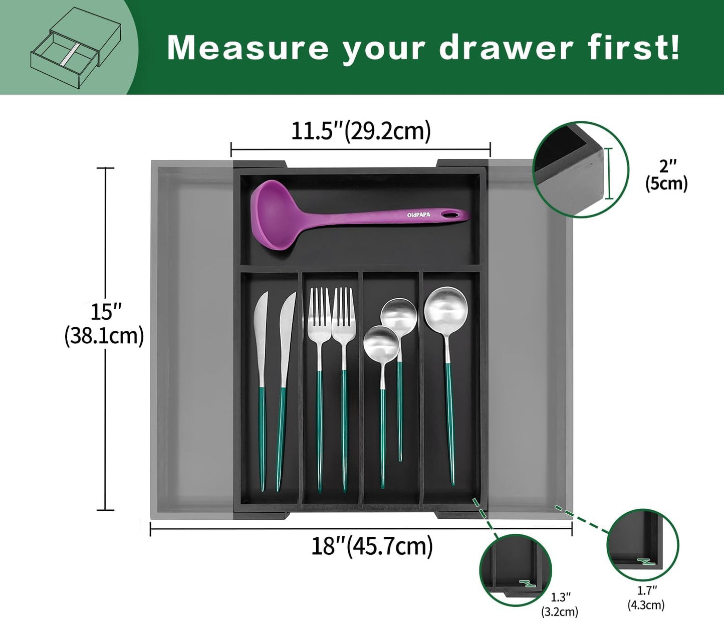 Utoplike Bamboo Silverware Drawer Organizer, Expandable Kitchen Utensils Drawer Organiser, Cutlery Tray Dividers, Flatware Caddy Drawer Insert, Office Supplies, Black 5-7 Slot