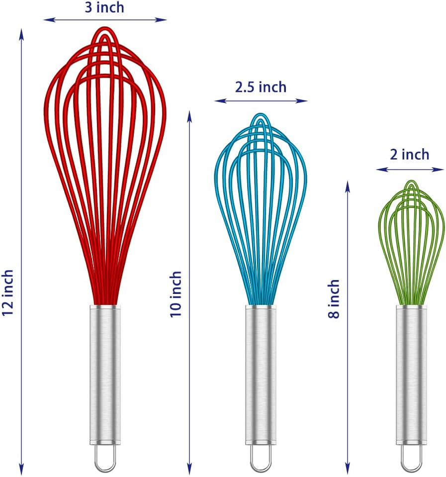 Silicone Rubber Whisk,Premium Whisks For Cooking Non Scratch,Stainless Steel & Silicone Wisk For Nonstick Cookware Pans, High Heat Resistant kitchen Whisks set of 3,Red+Blue+Green