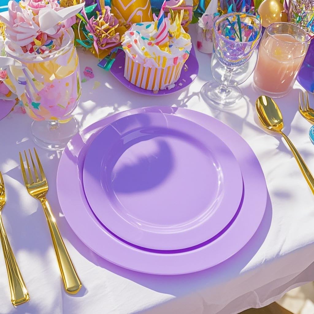 FLOWERCAT 60PCS Purple Plates - Heavy Duty Purple Plastic Plates Disposable for Easter Party/Wedding - Include 30PCS 10.25" Dinner Plates and 30PCS 7.5" Dessert Plates