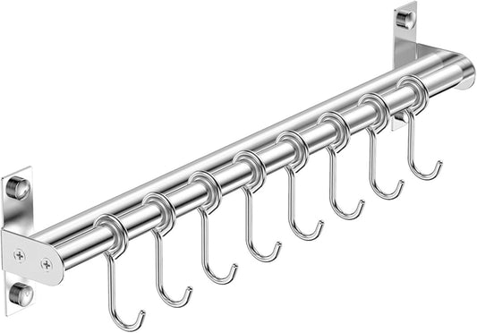 ASkinds Utensil Hanging Rack Stainless Steel Rail Hanger Rod Wall Mounted Pot Pan Lid Holder Cookware Storage Organizer with Sliding Hooks for Kitchen Bathroom