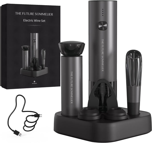 CIRCLE JOY Rechargeable Electric Wine Opener Set 7-in-1 Aluminum Alloy Wine Gift Set with Electric Corkscrew, Foil Cutter, Wine Pourer, Charging Base, Vacuum Pump and 2 Wine Stoppers