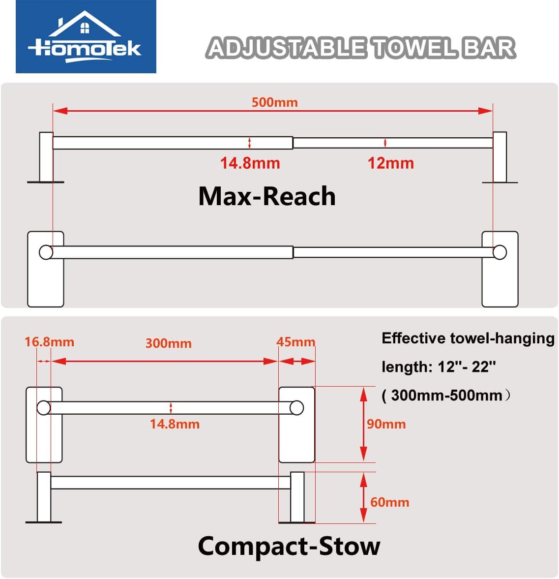 Adjustable AdhesiveTowel Bar 2 Pack, HOMOTEK Economical Self Stick Single Towel Holders, Towel Rod Size from 12 Inch to 22 InchTowel Racks, Towel Hanger Hook for Kitchen(Matte Black)