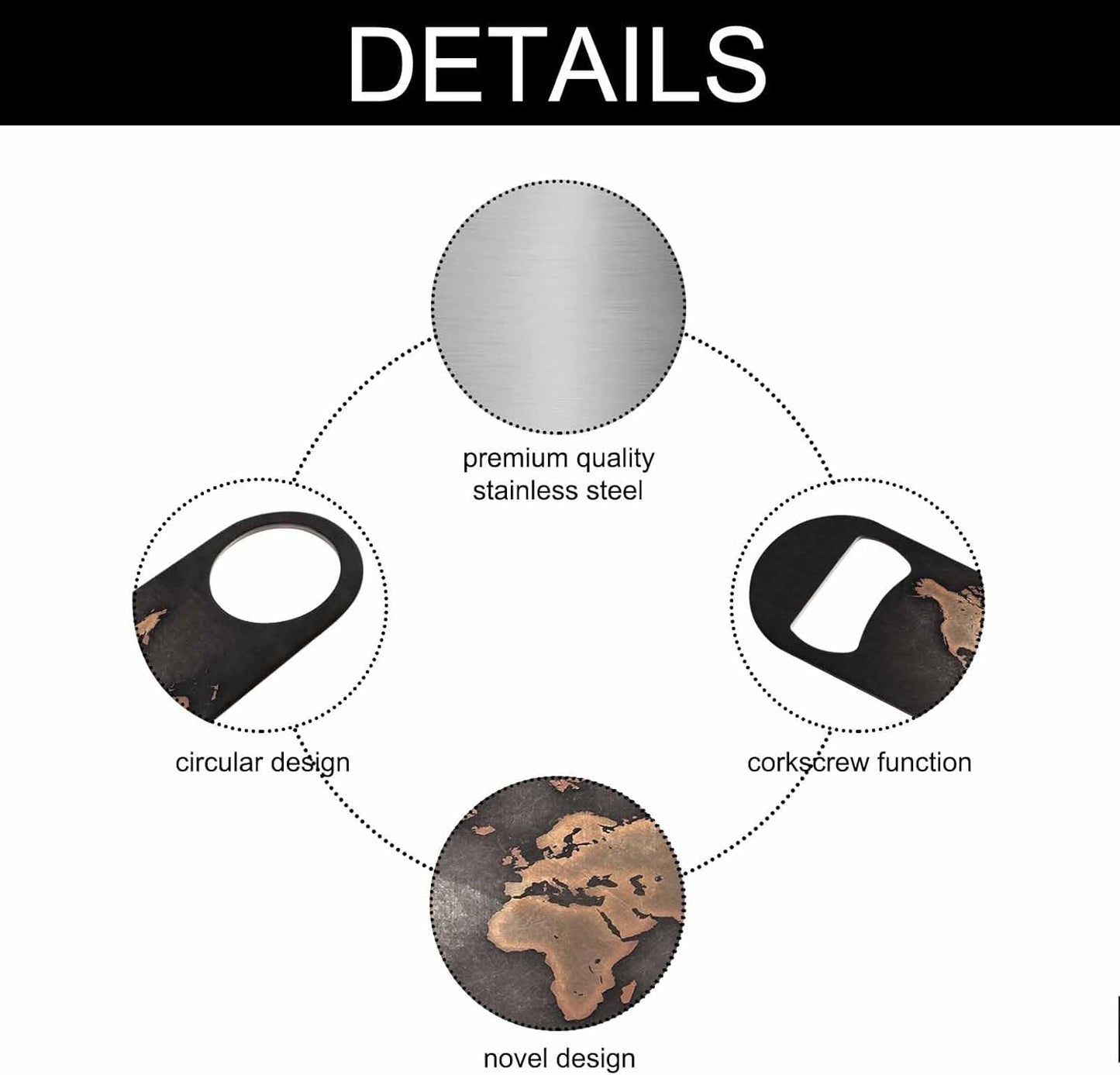 Vintage World Map Stainless Steel Bottle Opener Aged Retro Black Brown Seven Continents Map Flat Beer Bottle Opener Keychain for Home Kitchen Bar Restaurant Party Birthday Gift