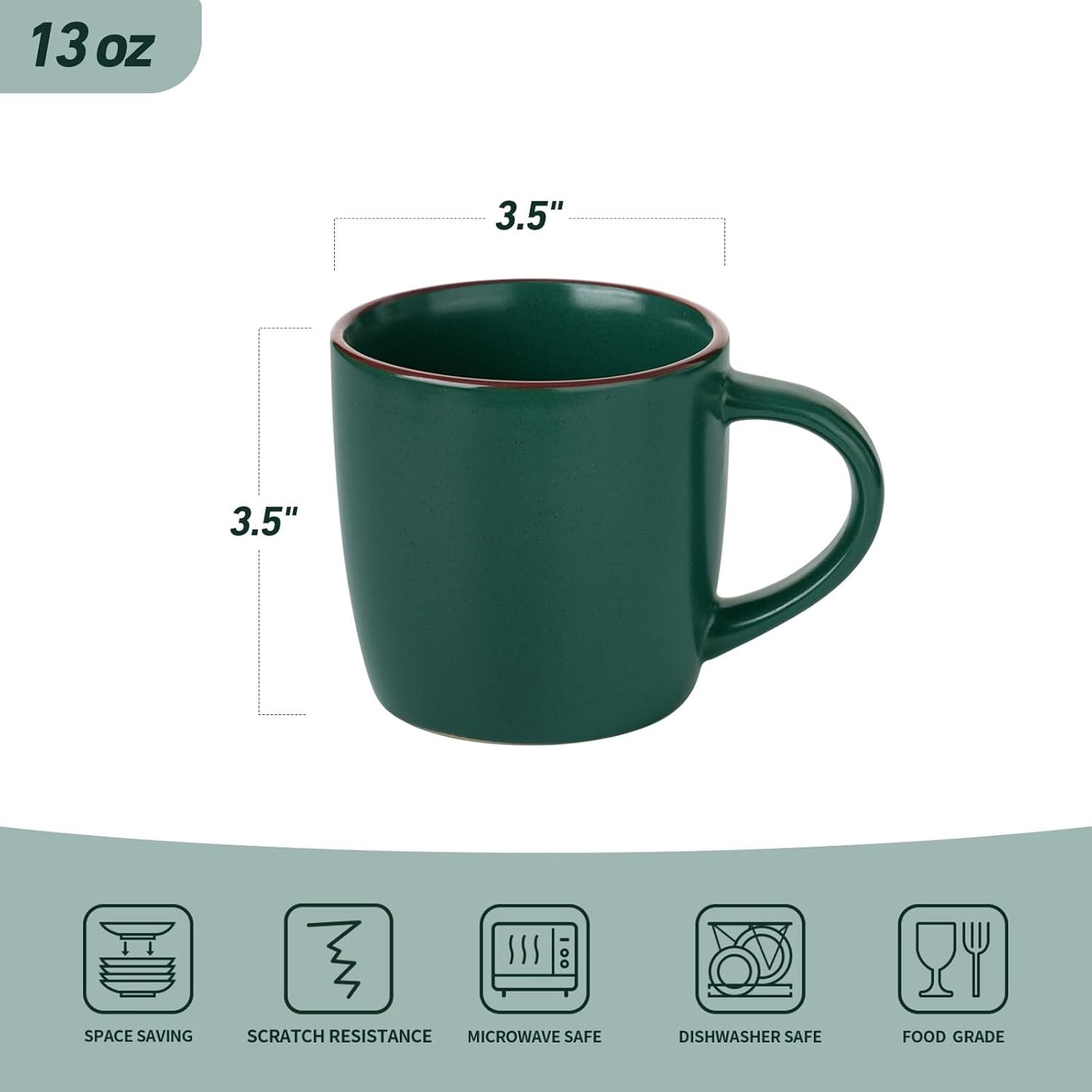 famiware Mercury Coffee Mugs 13 oz, Coffee Mugs Set of 6 with Handle, Cups for Latte, Hot Tea, Cappuccino, Mocha, Cocoa, Dark Green