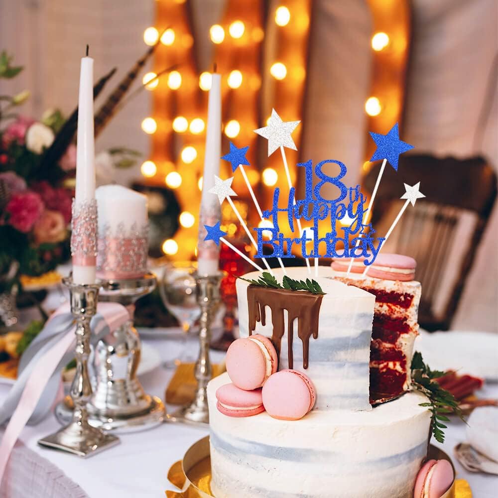 Glittery 18th Happy Birthday Cake Topper with Star,Personalised 18 Birthday Cake Toppers Party Decorations Party Supplies for Boys Girls Blue