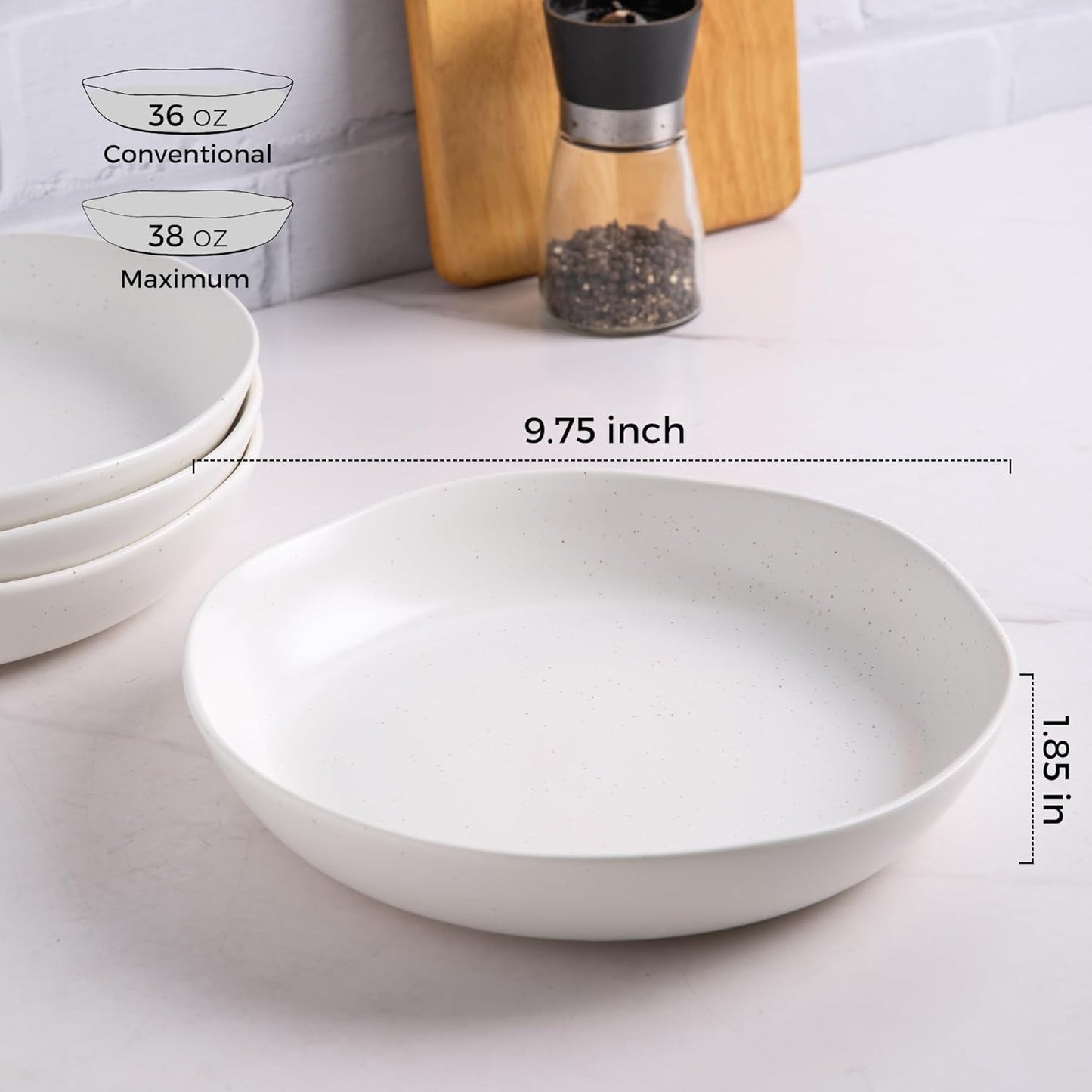 AmorArc 9.75'' Speckled Large Ceramic Pasta Bowls, 38oz Stoneware Bowls Set of 4, Oven, Microwave&Dishwasher Safe Bowls with Wavy Rim for Fruit Pasta Salad Meal, Matte Speckled White