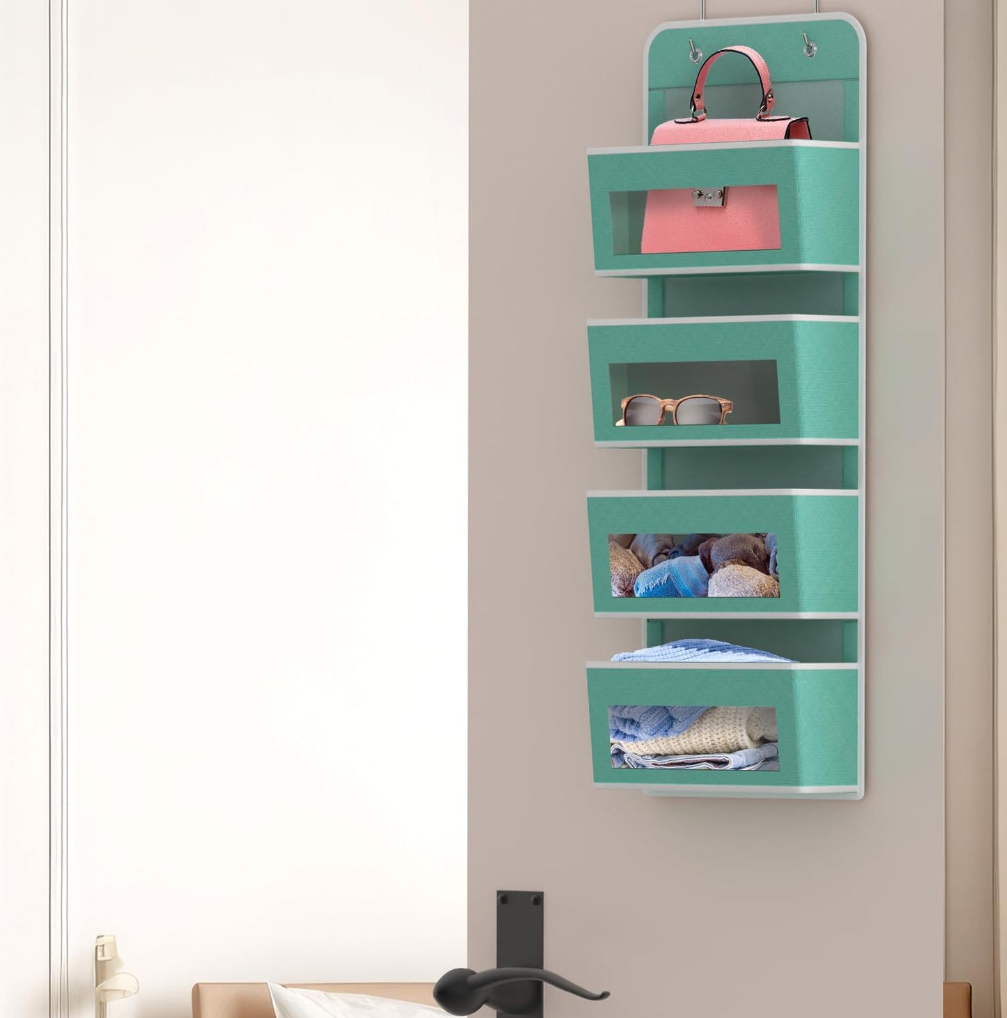 Simple Houseware 4 Clear Window Pocket Over Closet Door Storage Hanging Organizer for Bedroom, Bathroom, Pantry, Turquoise
