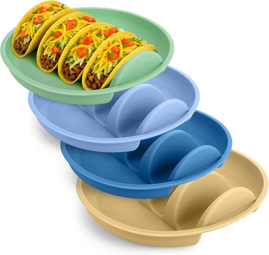 Silicone Taco Holder Plates Set of 4 - Reusable Taco Stand Plates with 4-Shell Slots, Oven/Microwave/Dishwasher Safe, Non-Slip Base for Tortillas Party Serving, Family Dinner & Meal Prep Accessories