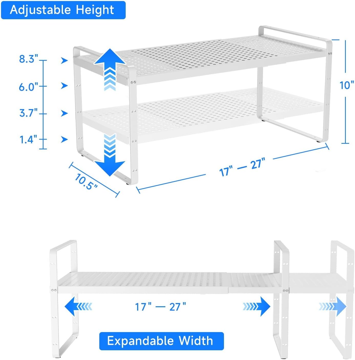 Expandable Cabinet Shelf Organizers, Kitchen Small Stand Rack Organization for Countertop Cupborad Pantry, White 1 Pack