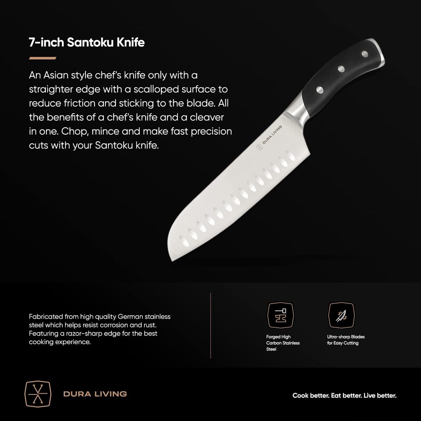 7-Inch Santoku Knife – Ultra-Sharp German High Carbon Stainless Steel, Full Tang, Ergonomic Handle, Multipurpose Kitchen Knife for Chopping, Slicing, and Dicing, Black