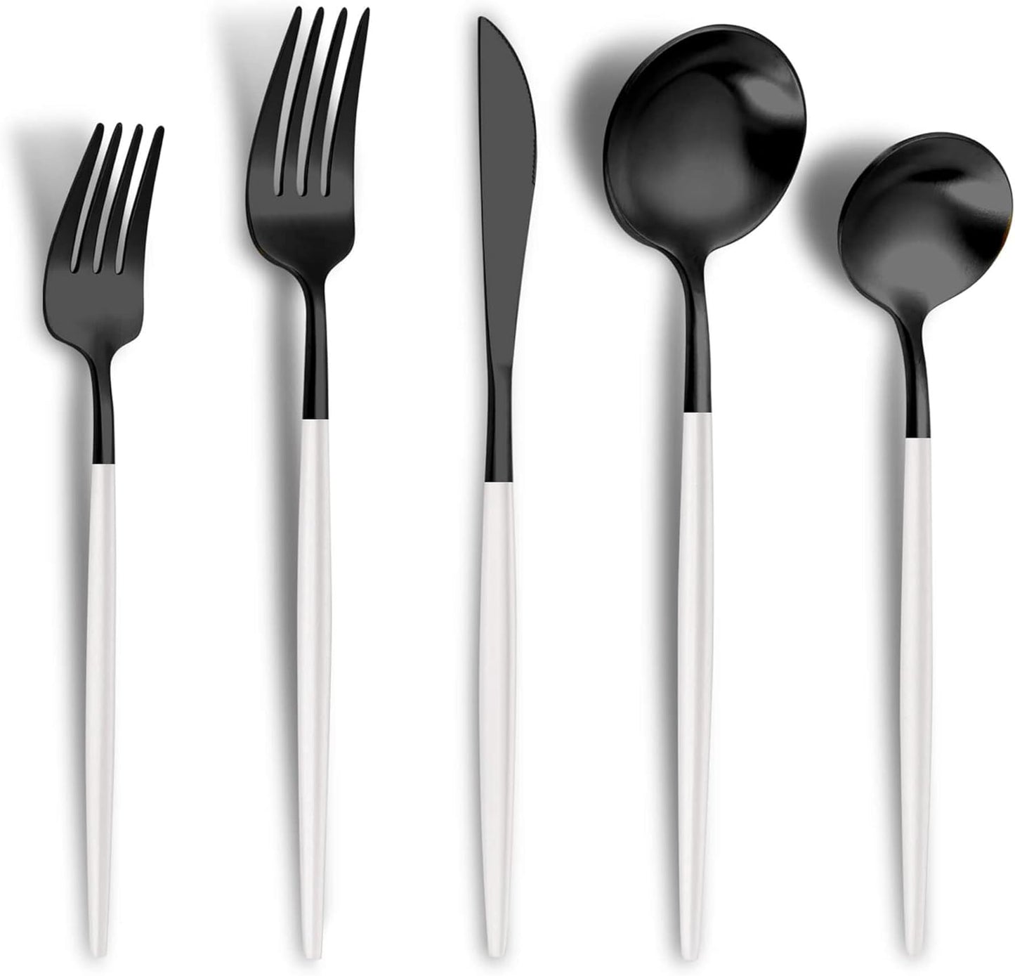 Matte Black White Silverware Set for 6,Modern Stainless Steel Brushed Cutlery Set,30-Pieces Heavy Duty Flatware Set,Knives Spoons and Forks Set Utensils Set, Satin Finish, Dishwasher Safe