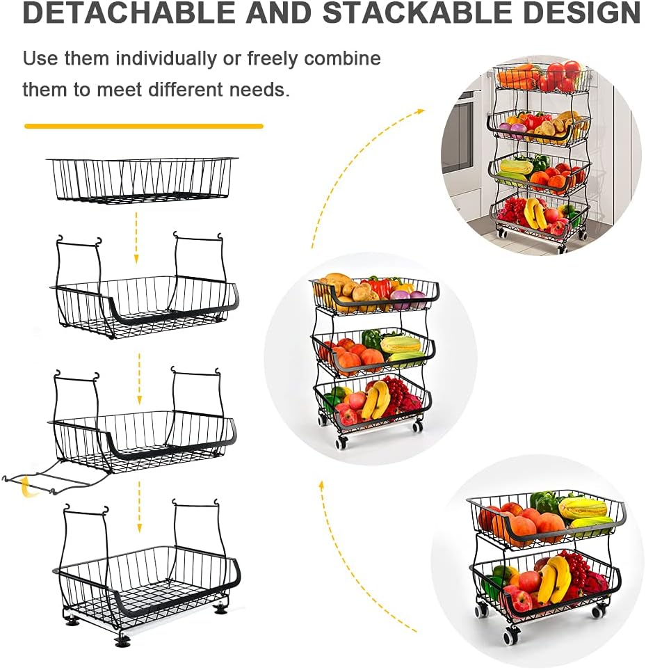 Fruit Vegetable Storage Basket, 4 Tier Stackable Metal Wire Storage Baskets with Wheels, Fruit Vegetable Produce Basket Organizer Bins for Kitchen, Pantry, Bathroom