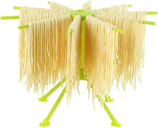 Ourokhome Collapsible Pasta Drying Rack, Plastic Foldable Homemade Fresh Spaghetti Stand Dryer Noodle Hanger for Kitchen with 10 Arms, Stable, Easy Storage, Quickly Set Up (Green)