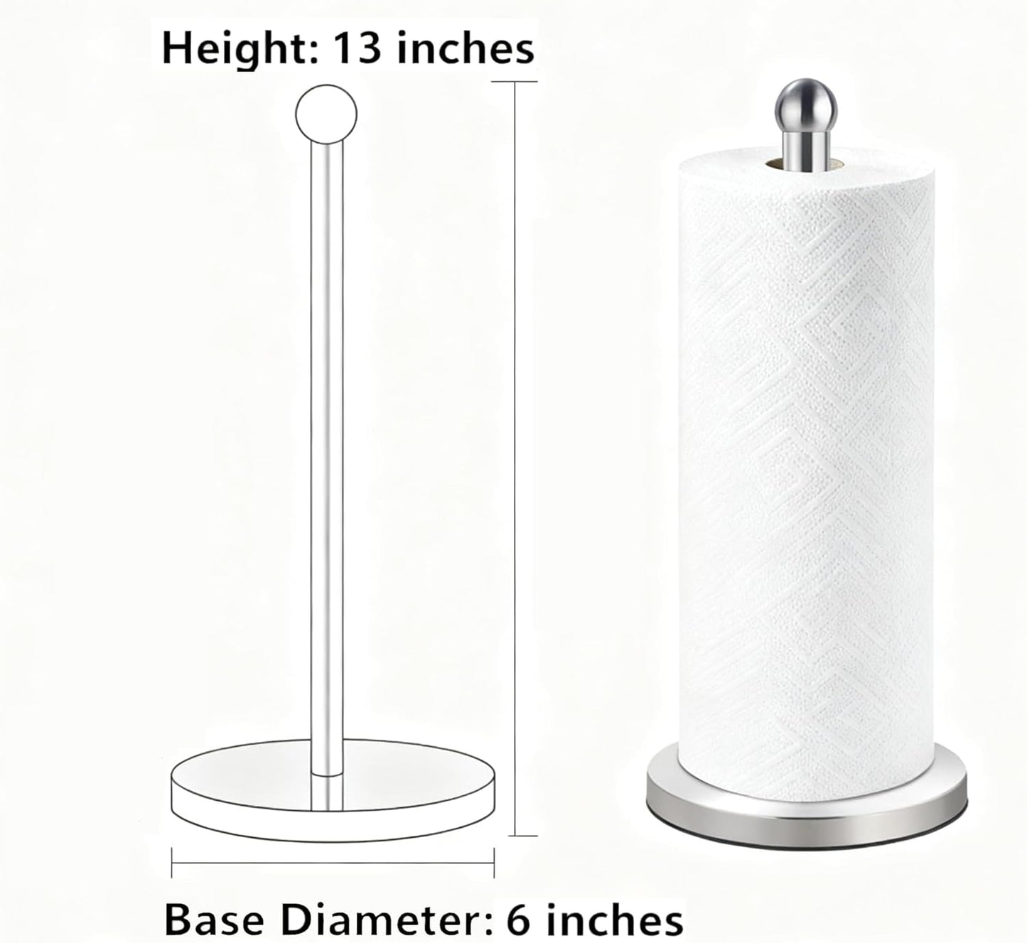 DAWNER Paper Towel Holder Countertop, Freestanding Kitchen Paper Holder Stand, One-Handed Tear, Stainless Steel, Paper Towel Dispenser with Weighted Base for Standard Towel Rolls, Brushed Nickel