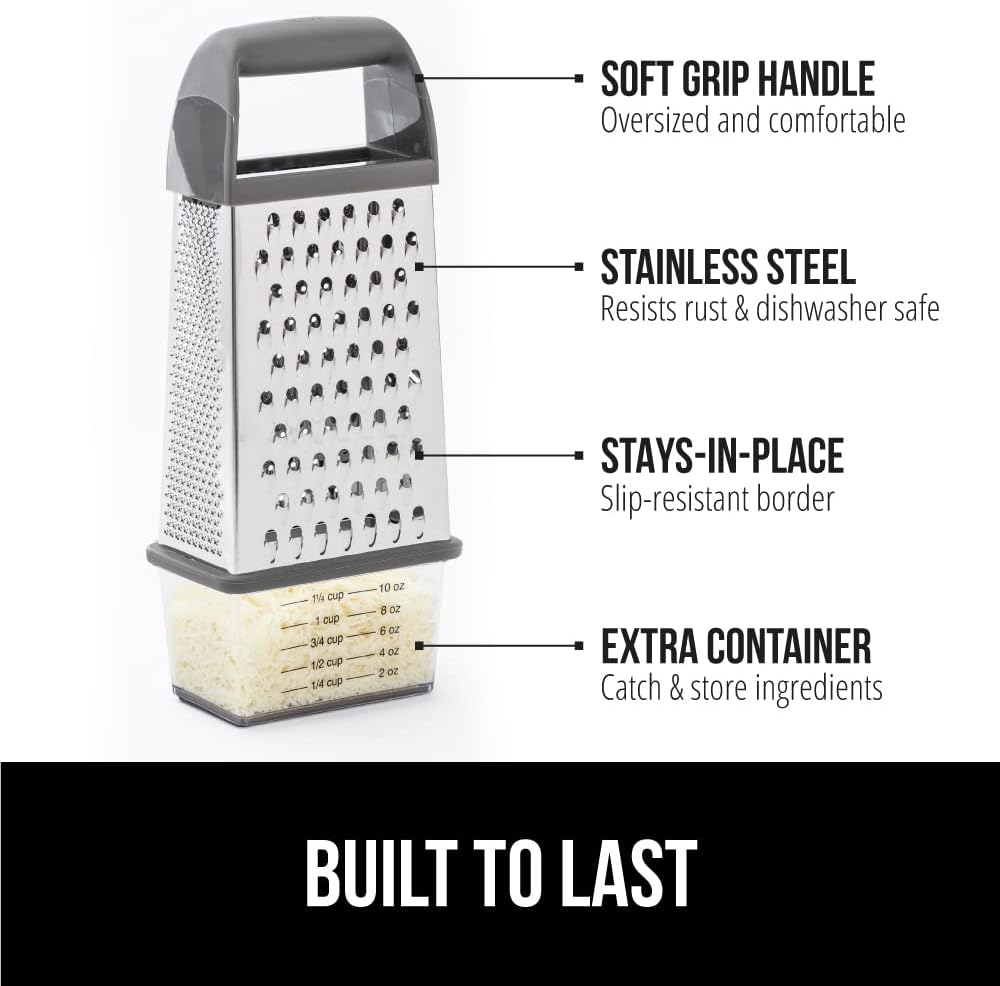 GORILLA GRIP 4-Sided 100% BPA-Free Cheese Grater With Container, Stainless Steel XL Box Graters, Parmesan Shredder, Grate Cheeses, Shred Veggies, Slip Resistant Handle, Dishwasher Safe Zester, Gray