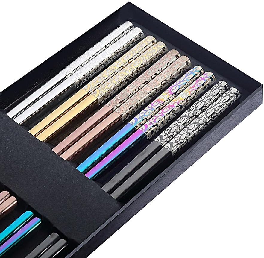 Metal Chopsticks Reusable Titanium Plated Stainless Steel Japanese Korean for Food & Cooking 9.5Inch Non-Slip for Beginners Square Laser 5 Pairs Gift Set