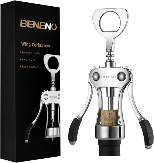 Beneno Wine Opener, Zinc Alloy Premium Wing Corkscrew with Multifunctional Bottles Opener, Sharp Wine Corkscrew with Ergonomic Non-Slip Wing Handle, Upgrade