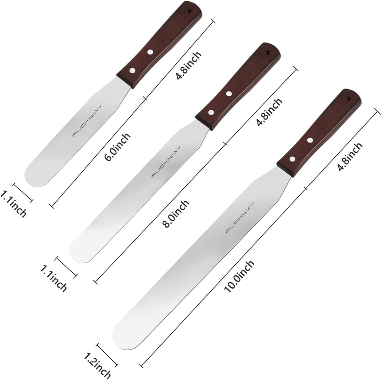 Straight Cake Icing Spatula set of 3 Professional Stainless Steel Cake Decorating Frosting Spatulas, 6"-8"-10" Flexible Resistant Blade, Wooden Handle for Easy Grip