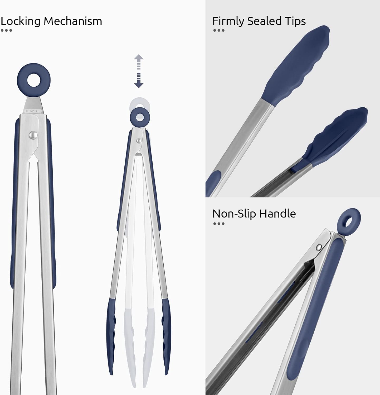 600ºF Heat Resistant Kitchen Tongs: U-Taste 12 inch Large Silicone Cooking Tong with Non Stick Rubber Tips & Silicon Coated 18/8 Stainless Steel Handle & Smooth Lock for Serving Grill (Midnight Blue)