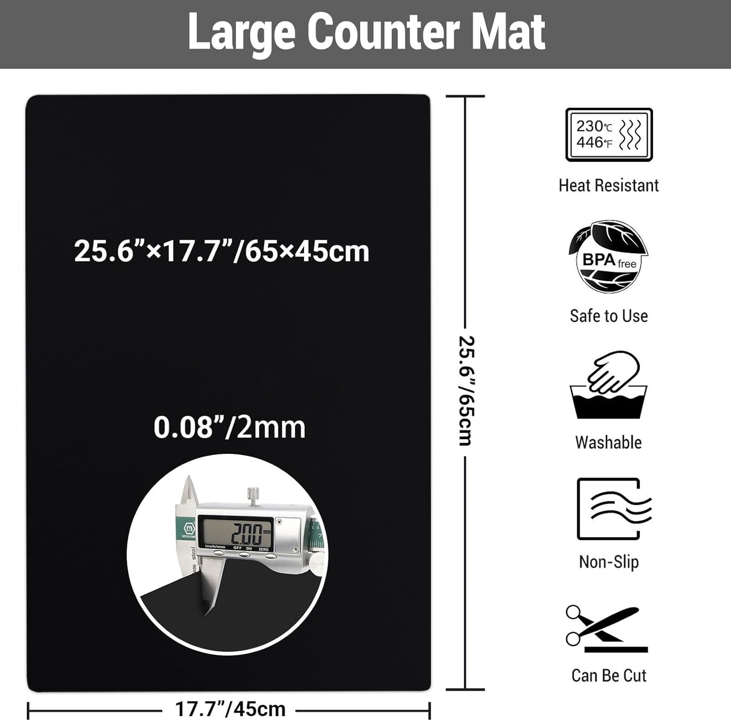 Ewen 25.6x17.7in Large Silicone Kitchen Counter Mat, 2mm Thick Heat Resistant Countertop Protector, Baking Silicone Mat under Air Fryer Toaster Oven Microwave Coffee Maker Cutting Board Drill Black