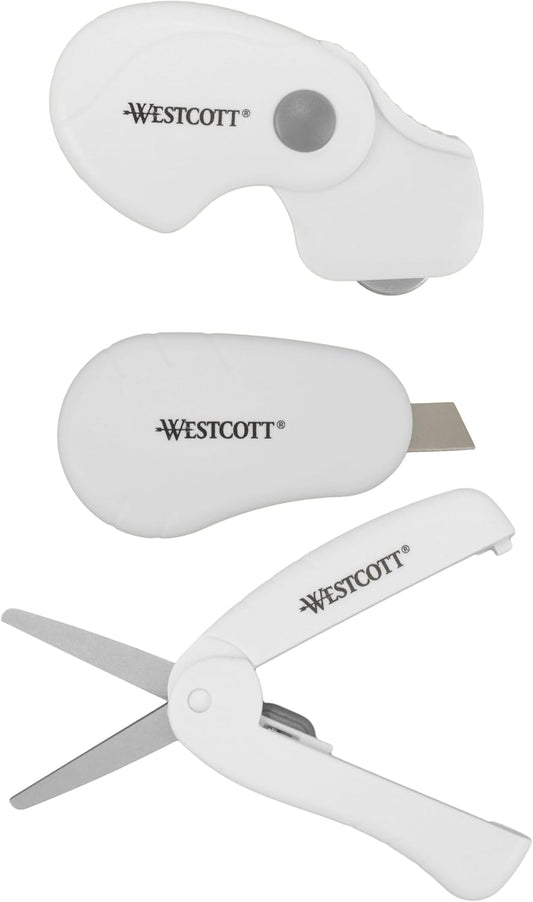 Westcott Titanium-Bonded Mini 3-Piece Travel Set - Folding Scissors for Fabric and Paper, Slicer & Rotary Cutter for Fabric