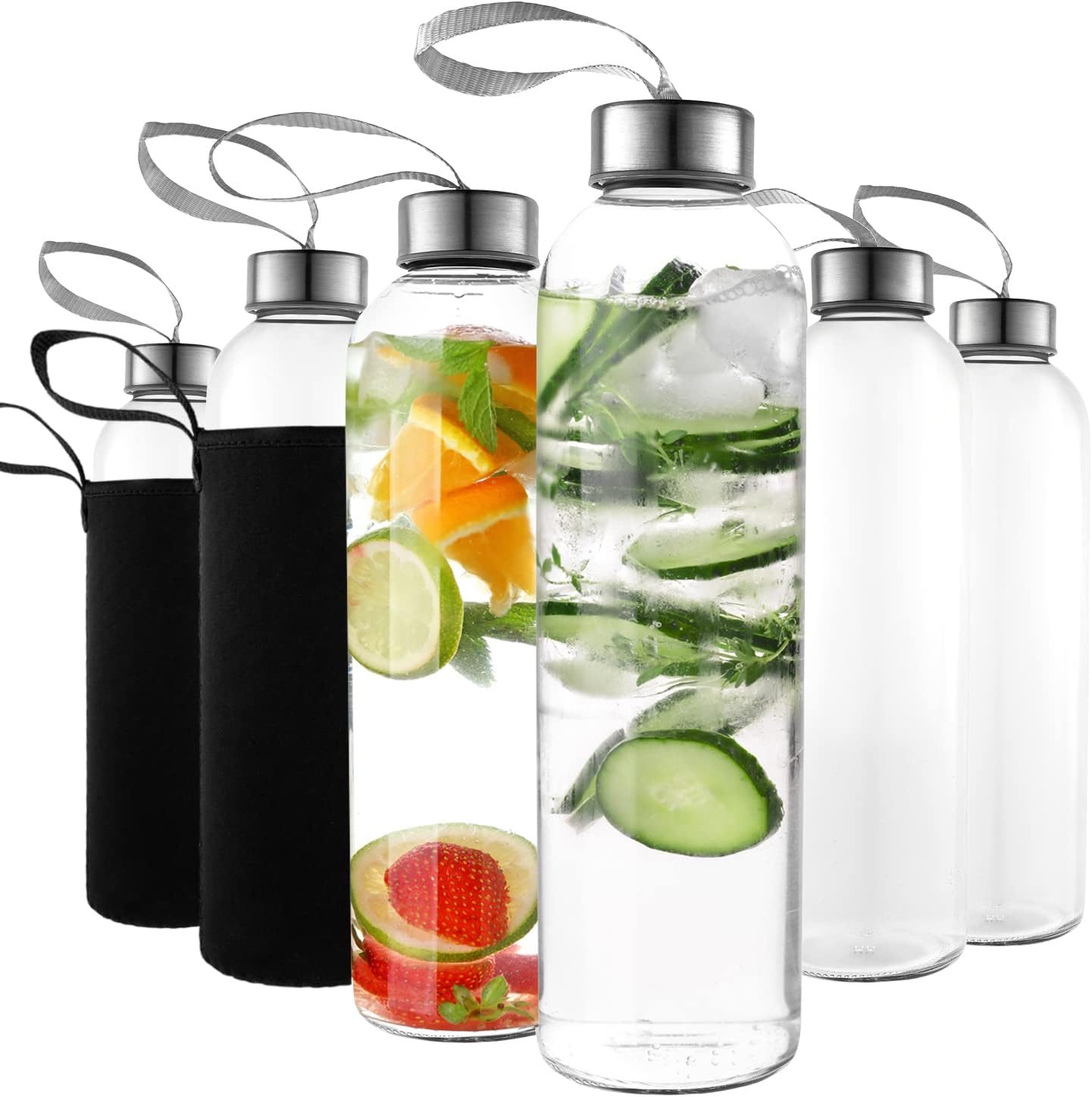 18oz Glass Water Bottles – Pack of 12 Nylon Protective Sleeves, Airtight Screw Top Lids, Portable Carrying Loops - Lead, PVC and BPA Free - Water, Milk, Smoothie, Juice Beverage Glasses