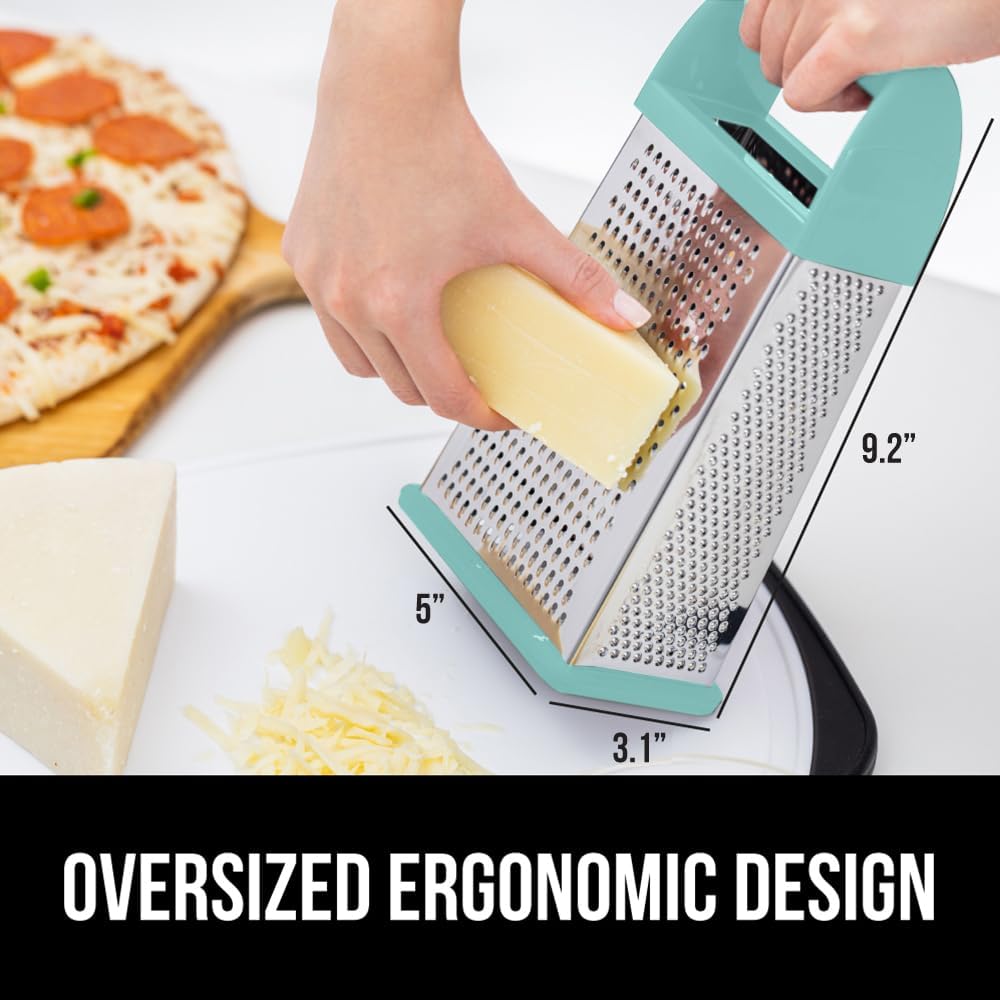 GORILLA GRIP 4-Sided 100% BPA-Free Cheese Grater With Container, Stainless Steel XL Box Graters, Parmesan Shredder, Grate Cheeses, Shred Veggies, Slip Resistant Handle, Dishwasher Safe Zester, Mint