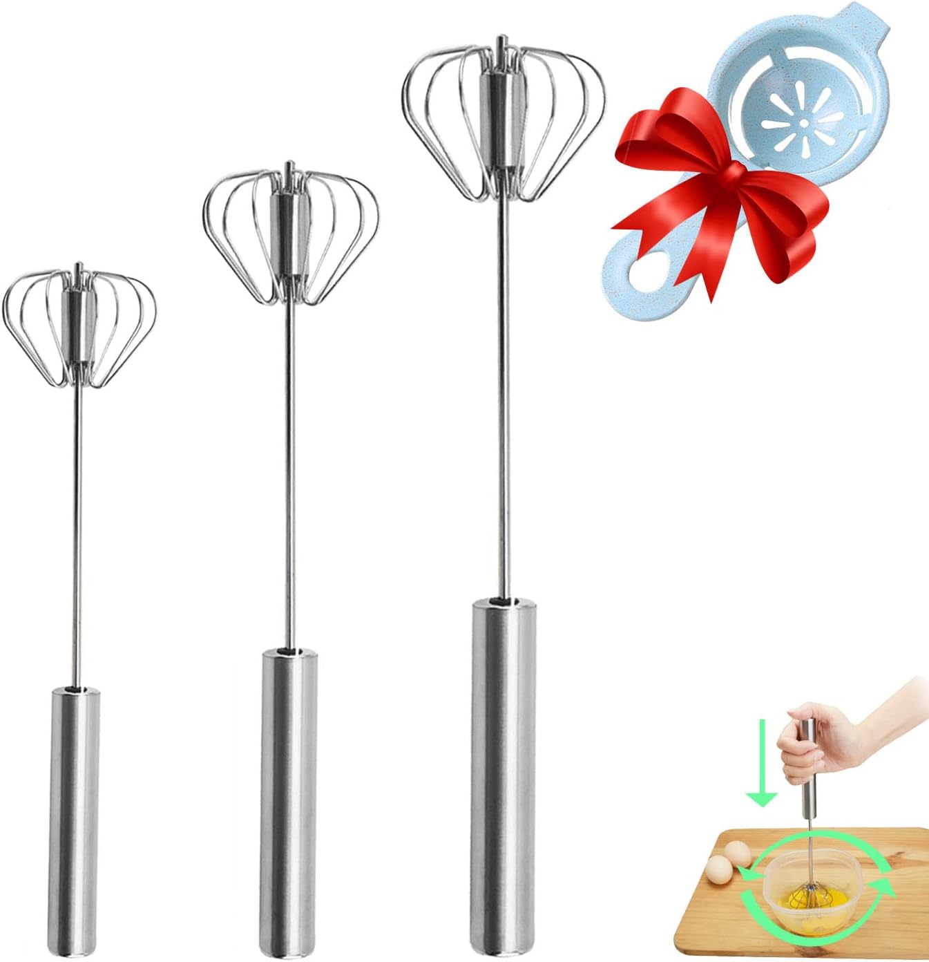 Semi-automatic Whisk, Stainless Steel Egg Beater, Hand Push Rotary Whisks Mixer Stirrer for Making Cream, Whisking, Beating and Stirring (Silver)