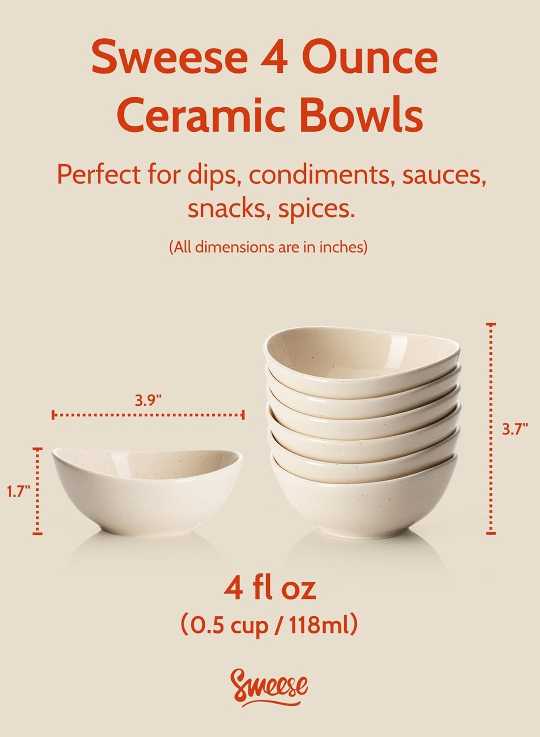 Sweese 4 oz porcelain bowls set of 6 - small dipping, sauce, snack side dish bowls - microwave, dishwasher, oven safe beige