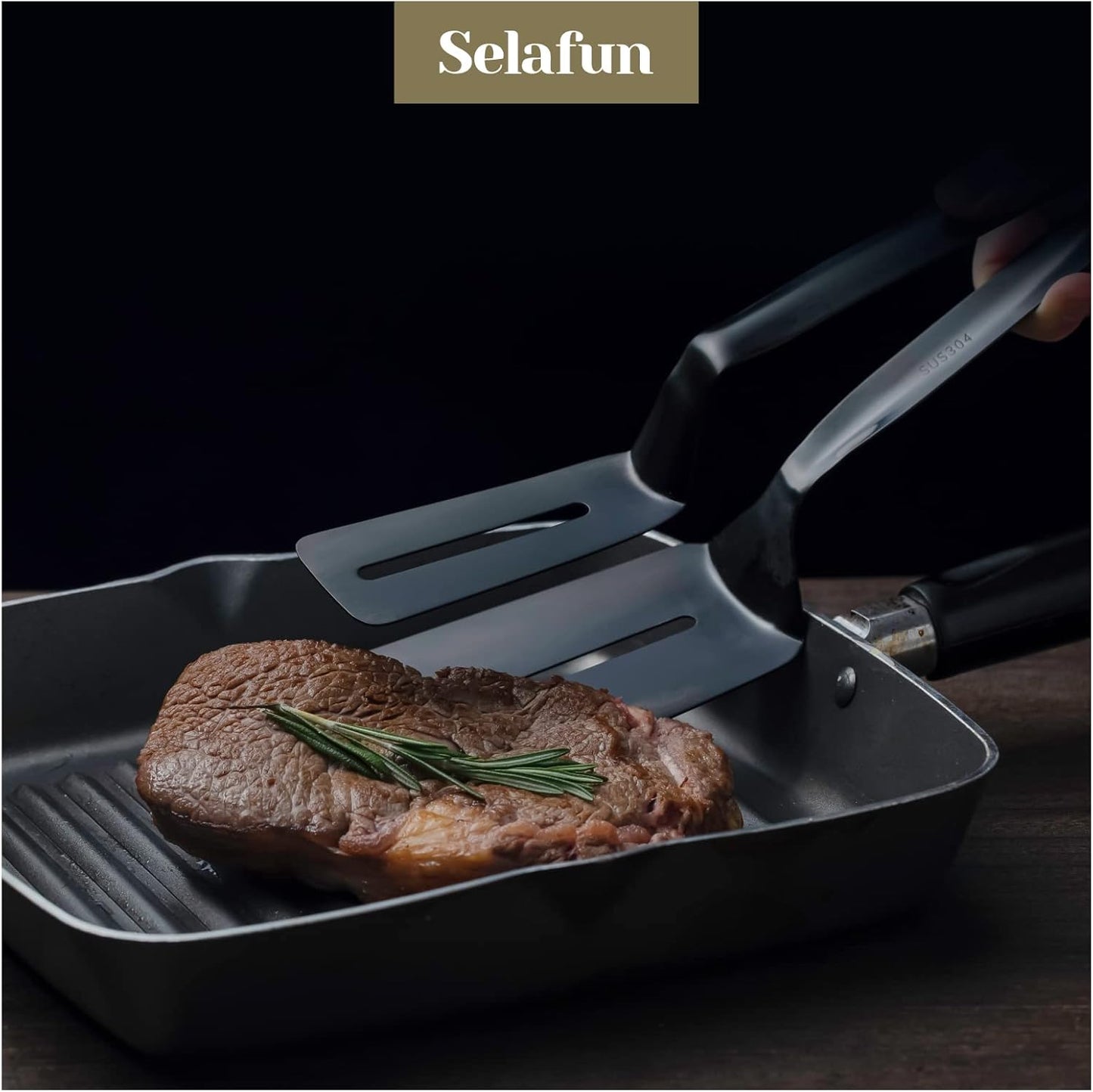 Kitchen Tongs Steak Clamp Bread Tongs 10 inch Double Spatula Tongs Clip Pizza Clamp Stainless Slotted Multi-Function Food Flipping for Bread Eggs BBQ Hamburgers Patties Pancakes (1, Matte Black)