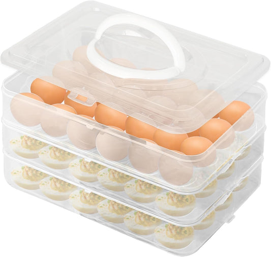 Egg Holder for 72 Eggs,3-Layer Plastic Egg Container,Deviled Egg Tray with Handle Lid,Devil Egg Holder for Refrigerator,Kitchen,Easter Party,Keep Fresh