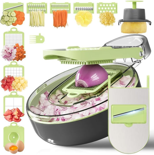 KEOUKE Vegetable Chopper Mandoline Slicer Round - 13 in 1 Interchangeable Blades Food Chopper with Container, Hand Guard & Drainer, Veggie Dicer Kitchen Gadget for Onion, Cucumber, Tomato, Fruit