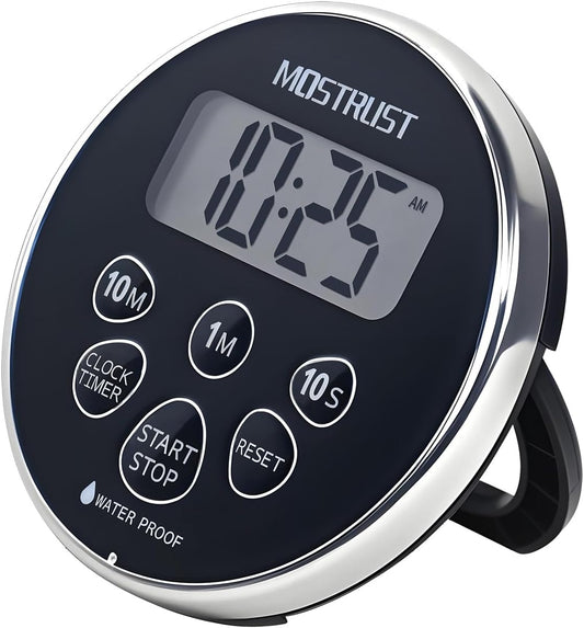 Digital Waterproof Shower Timer Clock, Bathroom Countdown Kitchen Cooking Timer with Alarm, Magnetic Back, Stand Silver Black