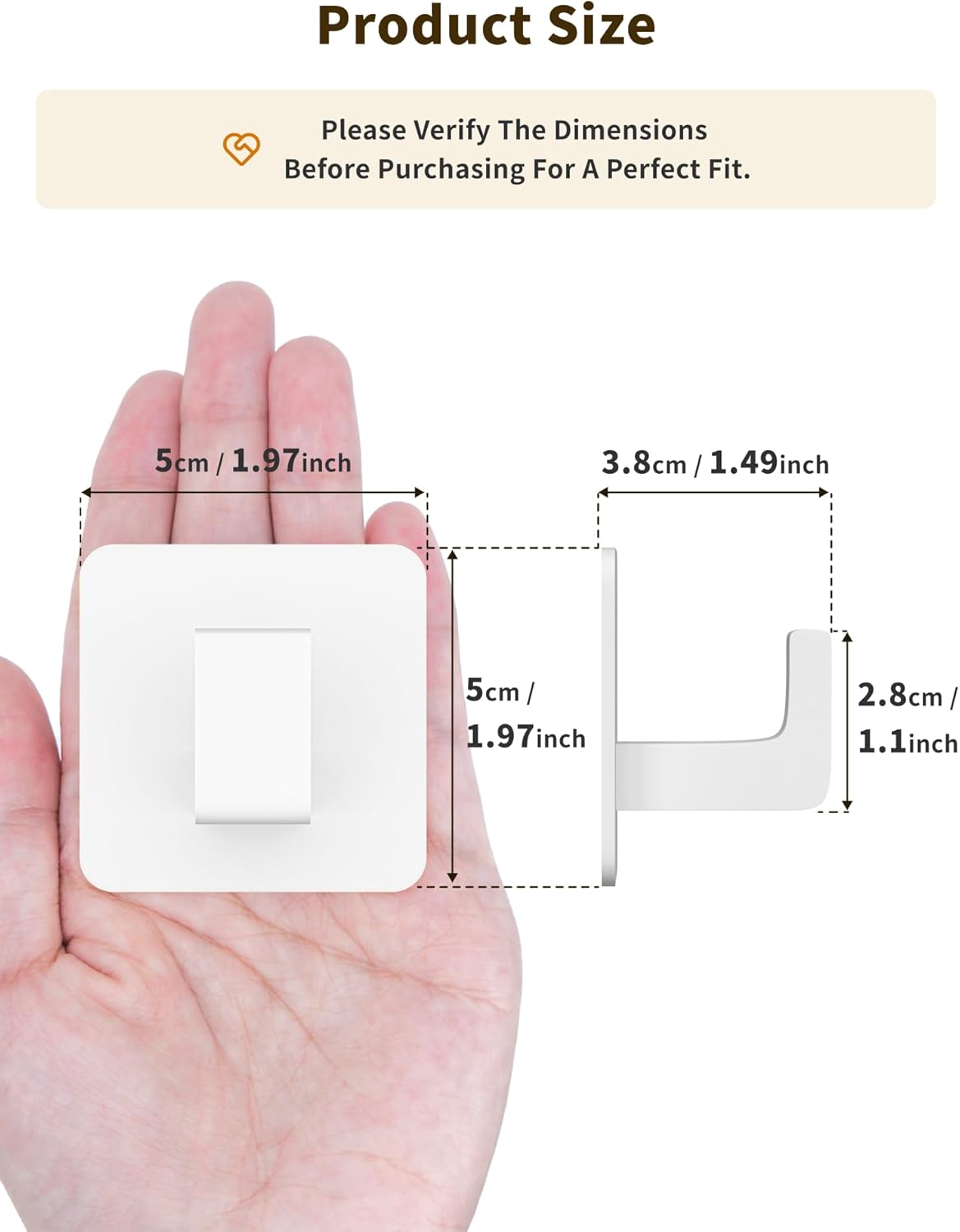 Square Self Adhesive Towel Hooks - 2 Pack Matte White Metal Hooks, Right-Angle Design for Towels, Robes & Hats, Organize Bathroom, Kitchen, Entryway, Doors, Cabinets on Smooth Surfaces