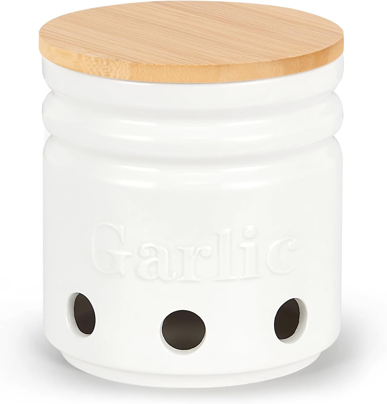 Garlic Keeper for Counter - Garlic Holder with Bamboo Lid,Garlic Container to Keep Your Garlic Cloves Fresh Longer,Large Ceramic Garlic Storage for Kitchen