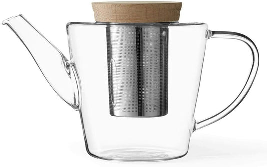 Viva Infusion Borosilicate Glass Tea Pot for Stovetop with Loose Leaf Tea Infuser Mesh - 34 ounce/1 Liter - Modern Teapot Features Bamboo Wood Lid, Tea Maker for Blooming