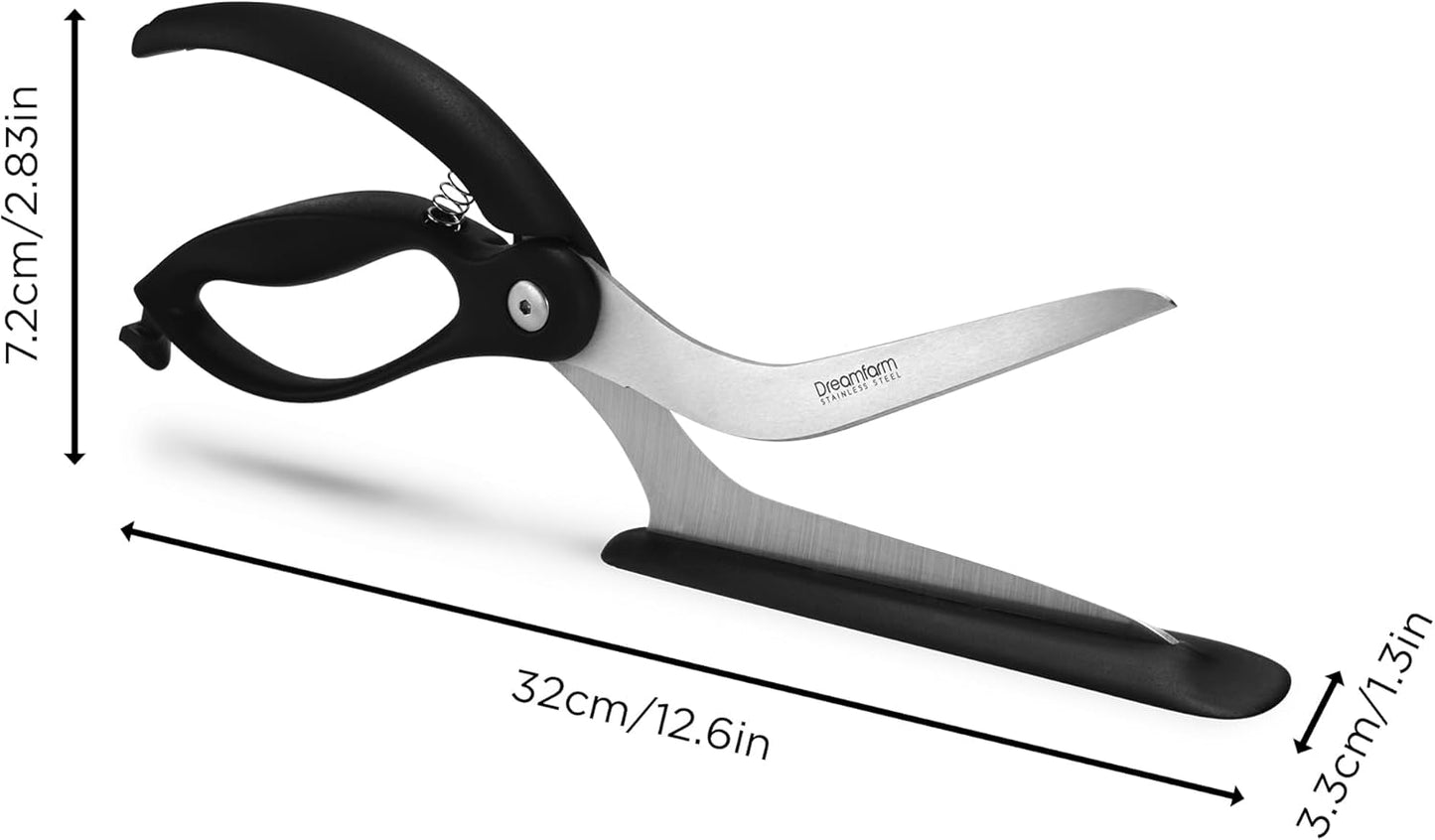 Dreamfarm Scizza 2-In-1 Easy Ergonomic Pizza Scissors with Stainless Steel Pizza Cutter Blades & Non-Stick Slice Server - Black