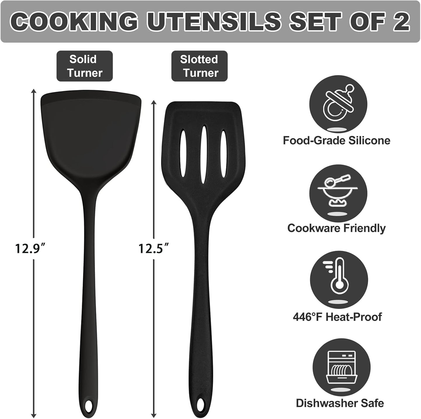 TeamFar Silicone Spatulas, 2pcs Solid & Slotted Cooking Turner for Non-stick Cookware, Kitchen Utensils for Flipping/Frying, Healthy & Seamless, Heat-Resistant & Non-Scratch, Dishwasher Safe, Black