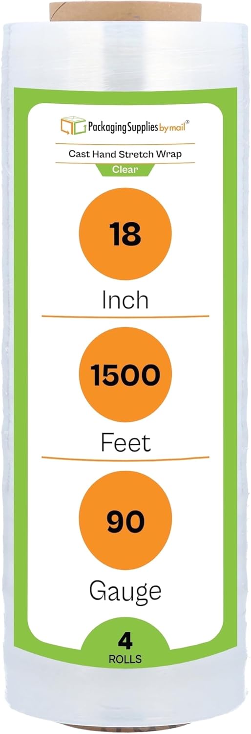 PSBM Stretch Wrap, 4 Pack, 18 Inch x 1500 Feet, 90 Gauge, Clear Plastic Cling, Cast Hand Stretch Film Rolls for Packaging Moving Packing Pallets