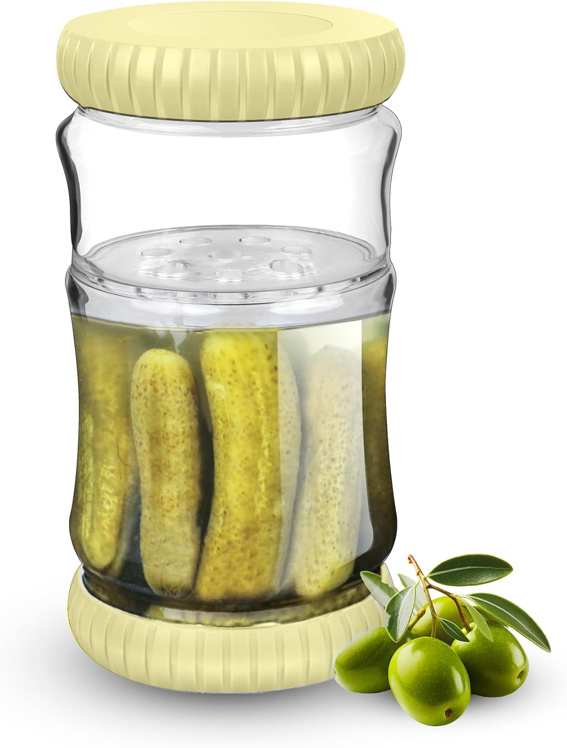 40oz Glass Pickle Jar with Strainer Flip - Pickle Storage Container with Airtight Lid, BPA-Free, Dishwasher Safe, Fermentation Hourglass Jar for Kimchi, Olives, Jalapeno, Gherkins (Yellow)