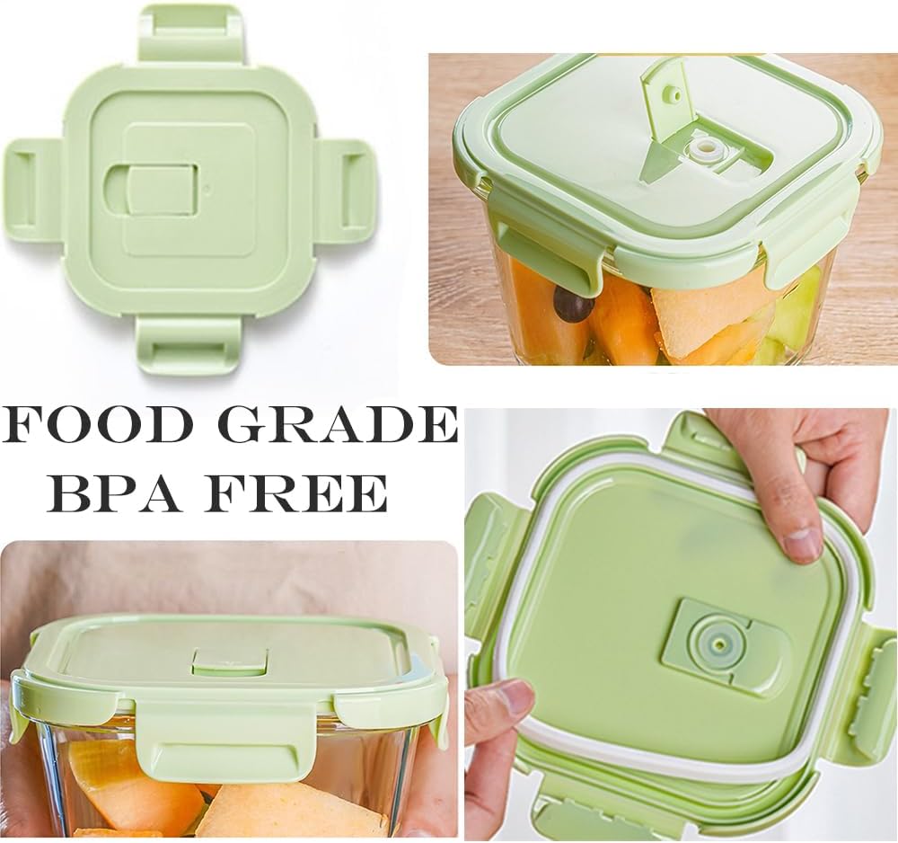Square Glass Food storage Containers with Airtight Lids, 2 cup Food Meal Prep Containers, Square Glass Bowl For Lunch Sandwich Fruit Snack, Dishwasher Microwave Freezer Safe- (Pink+Green)