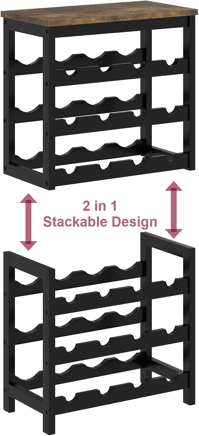 6 Tier Bamboo Wine Rack Freestanding Floor, 24 Bottles Wine Storage Shelves with Table Top, Stackable Wine Display Rack for Kitchen, Bar, Dining Room, Rustic Brown and Black